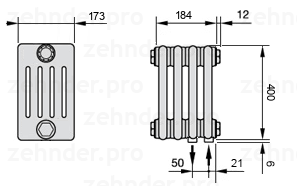 Схема (чертеж) Радиатор Zehnder Charleston 5040/4 №5510 Белый глянцевый RAL 9016